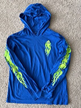 adidas Royal Blue Hooded Tee with Neon Green Flame Accents